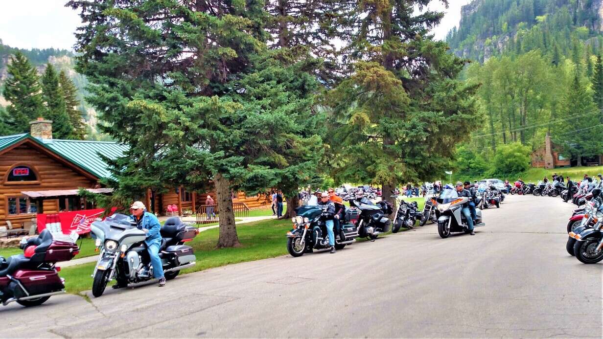 Latchstring Restaurant with Motorcycles in parking lot 