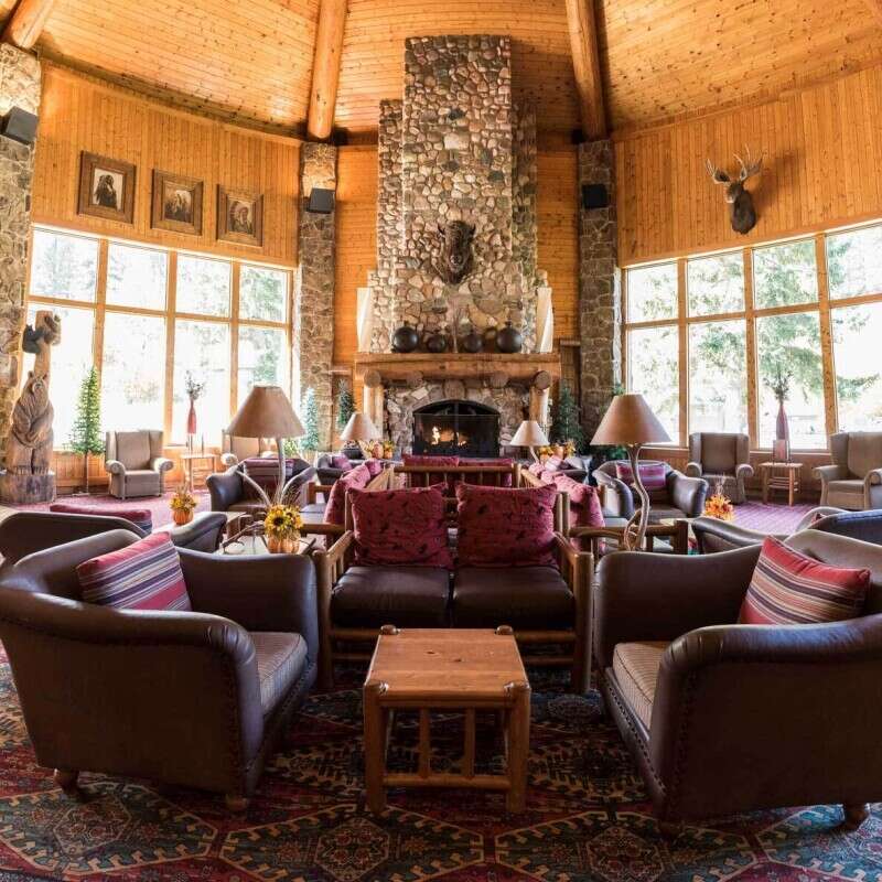 40 ft fireplace in the great room of Spearfish Canyon Lodge 